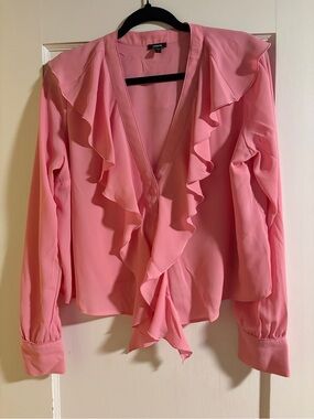 Express Pink Ruffle V-Neck Long Sleeve Blouse Button-down